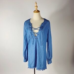 LOVERS + FRIENDS Lace Up Front Long Sleeve Chambray Mini Dress Tunic Small